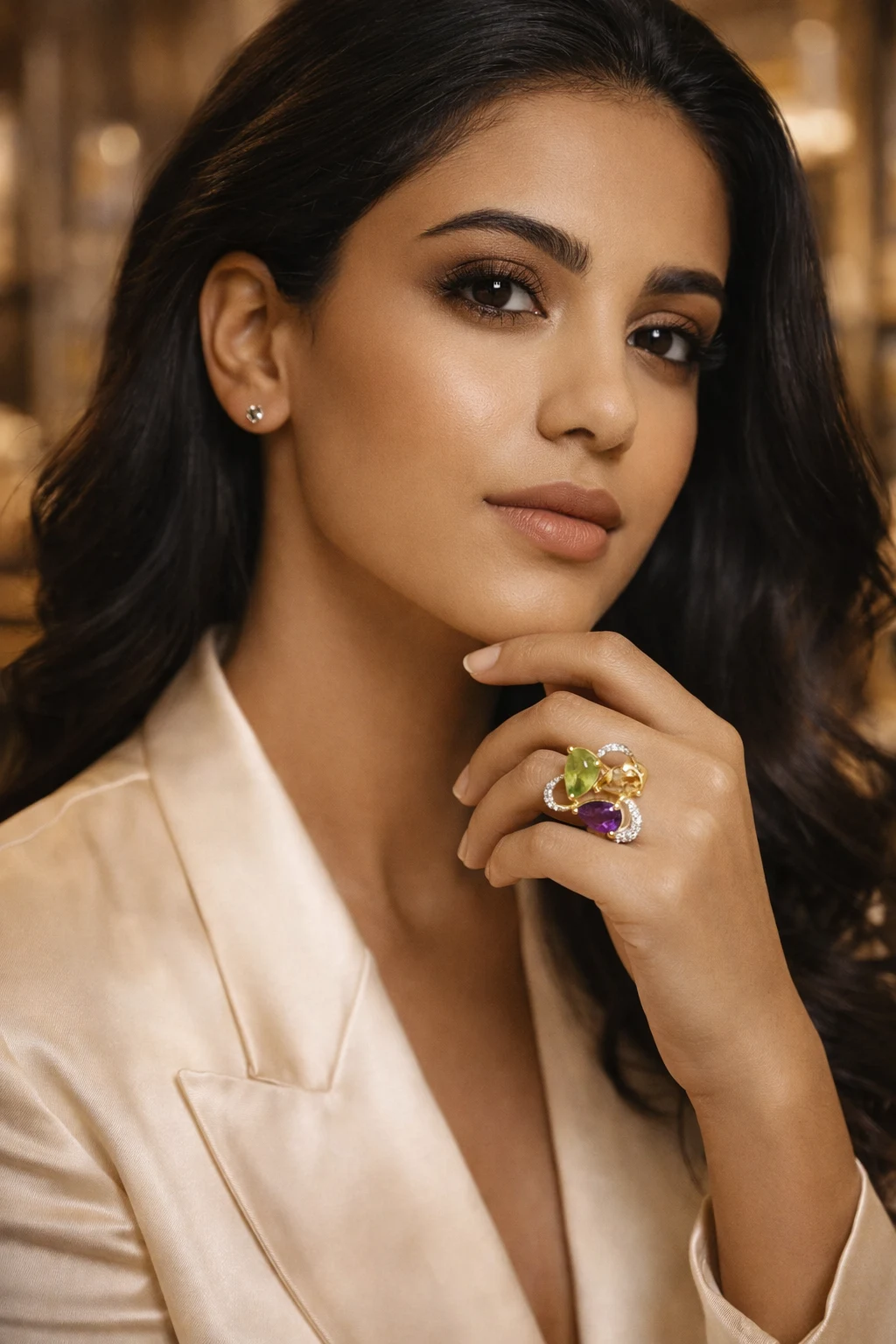 Leila AI model wearing the sample gold ring